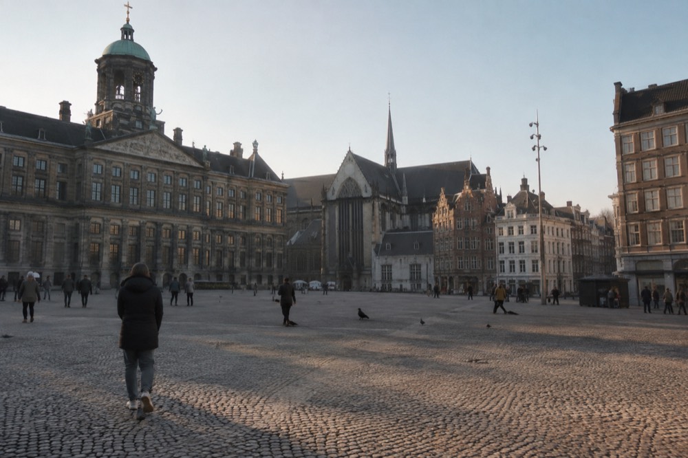 A historic town square with a tall church tower and gabled houses around the edge
