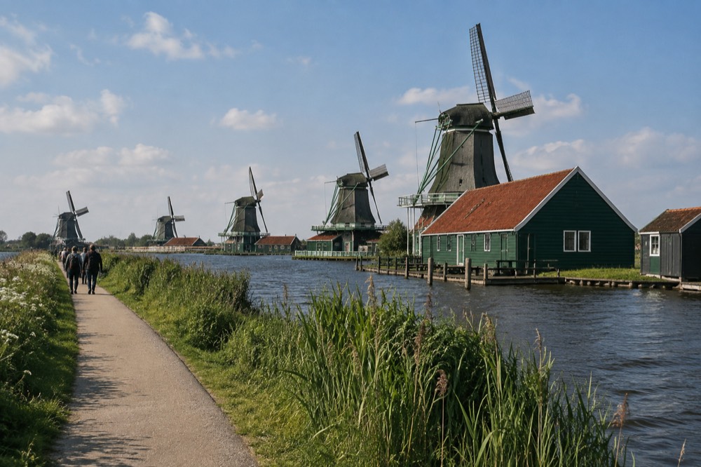 A row of historic Dutch windmills standing beside a waterfront with green wooden houses