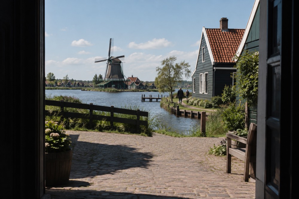 Green wooden houses and a working windmill beside a river dike