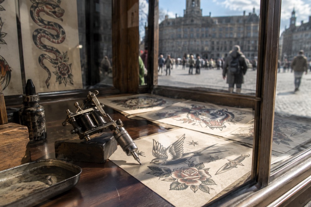 A vintage tattoo machine and printed flash sheets displayed in a glass case