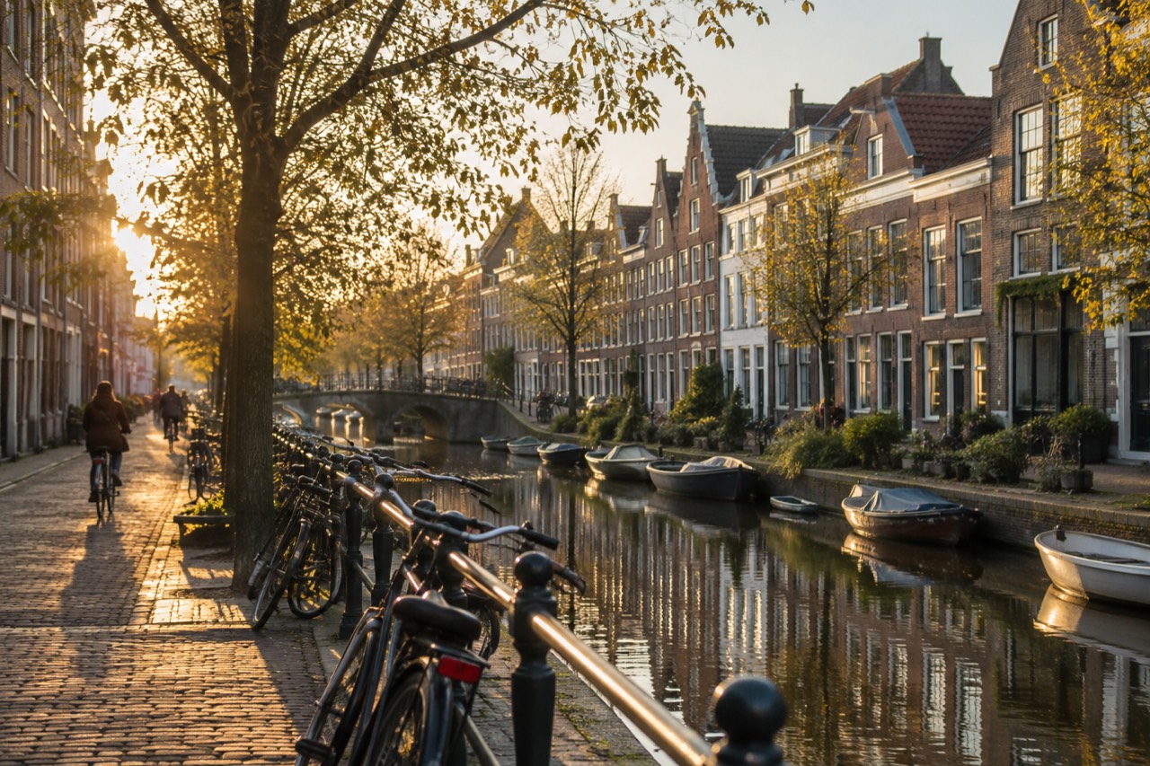 A quiet canal-side street with narrow gabled houses and bicycles leaning against railings in the Haarlemmerbuurt