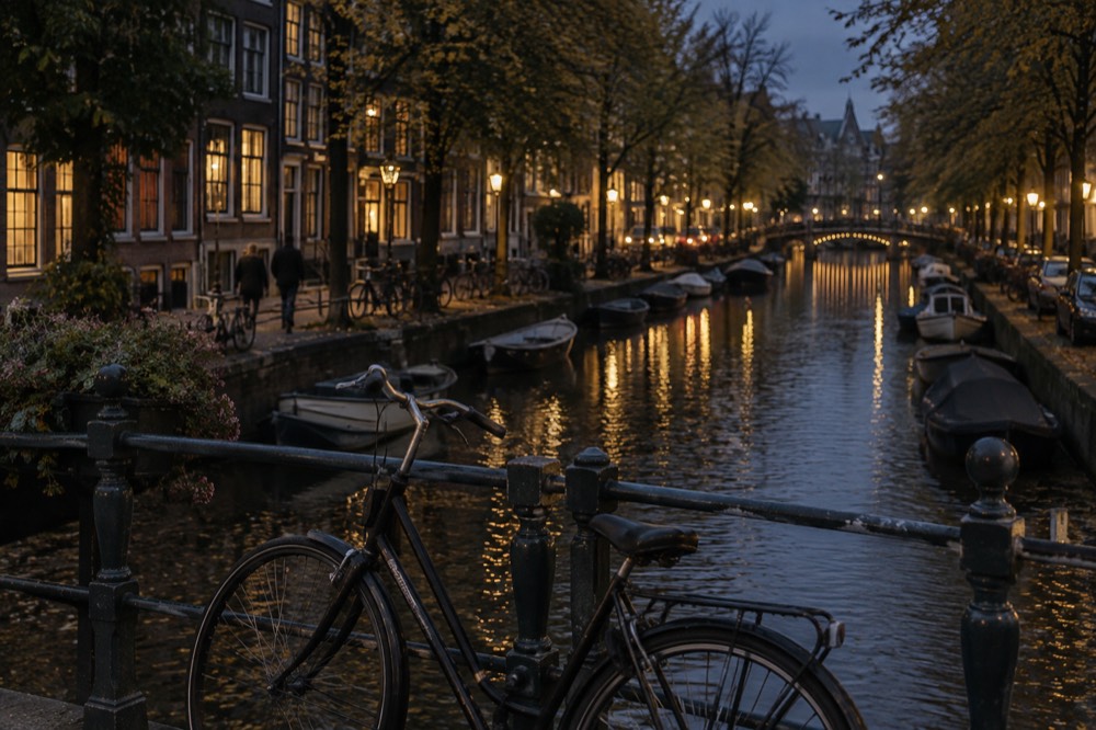 A canal in Amsterdam Oud-West with brick houses, trees and a bicycle leaning against a bridge railing