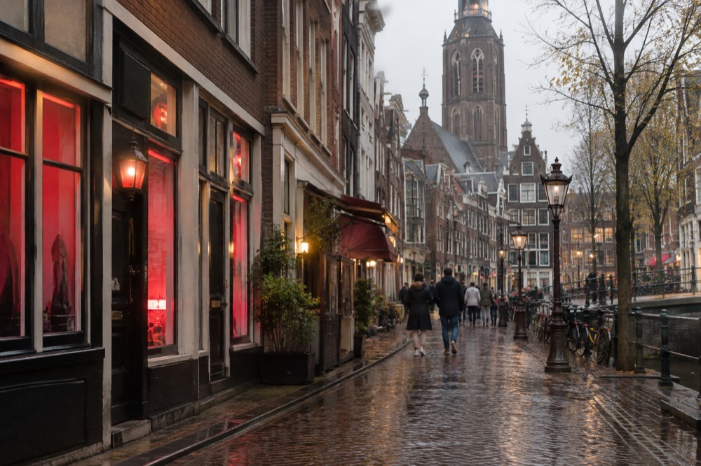Old brick church tower rising above small shops and cafés on a narrow Amsterdam street