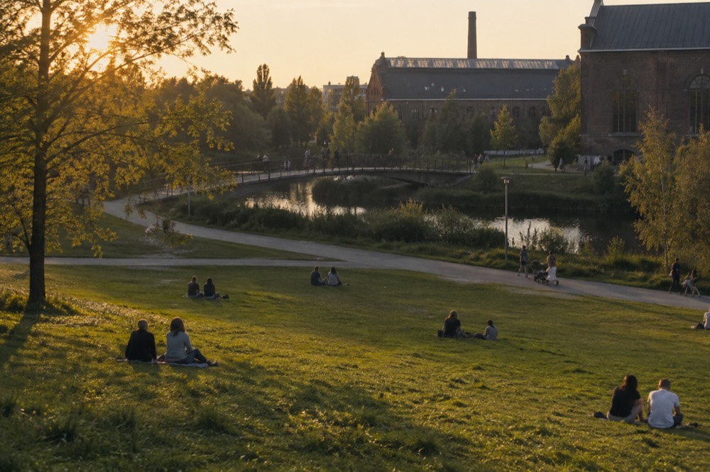 A wide park lawn with a curved footbridge over water and brick industrial buildings in the background