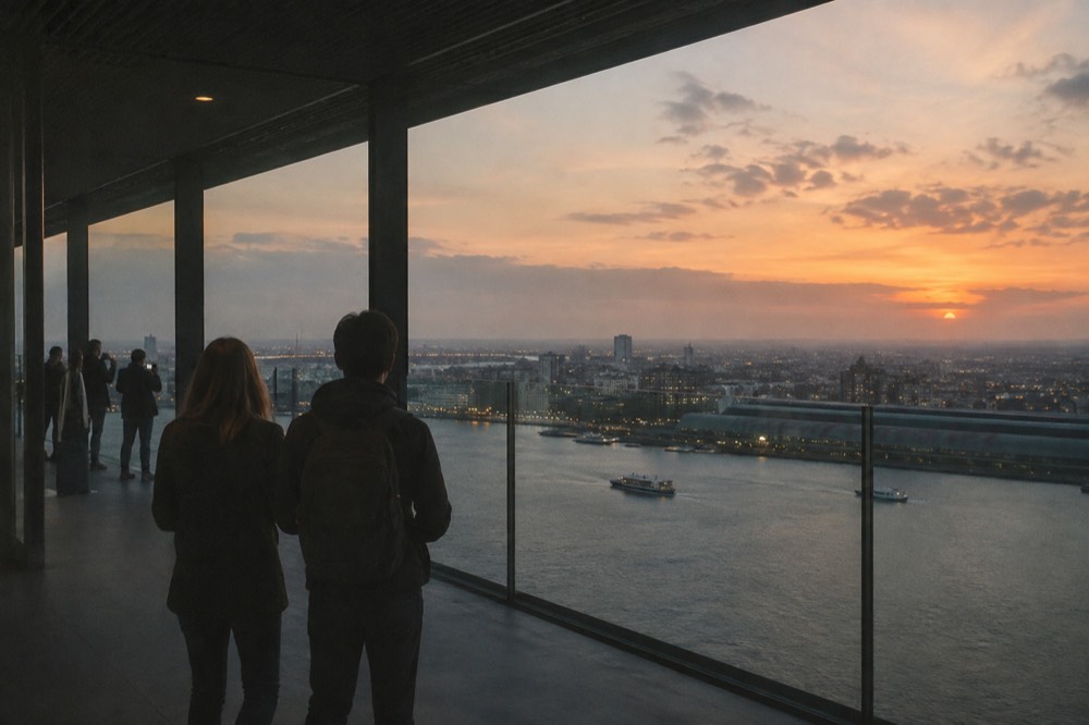 A'DAM Lookout observation deck at sunset with Amsterdam's lights beginning to glow