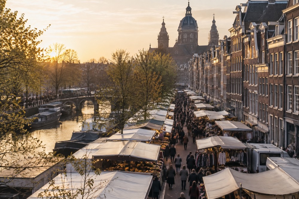 A canal bridge and moored boats close to Albert Cuyp Market