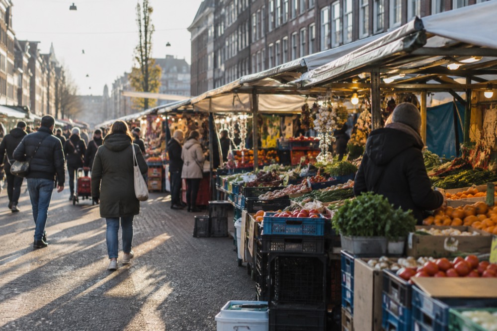 Late afternoon light on the buildings around Albert Cuyp Market