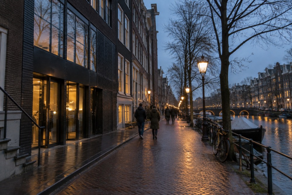 The frontage of Anne Frank House viewed from the opposite bank