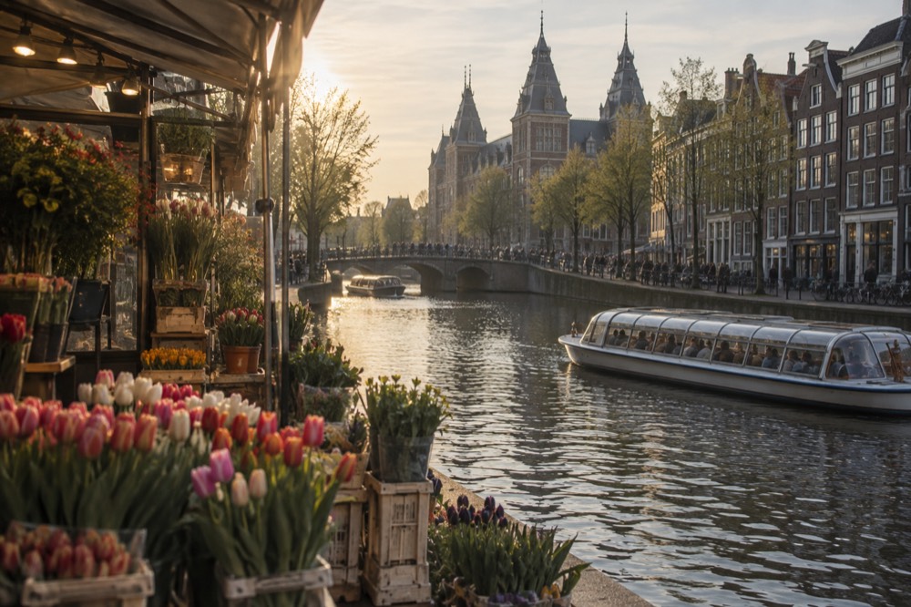 A quiet corner of Bloemenmarkt with trees overhanging the water