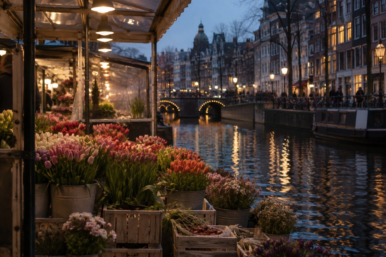 Flower stalls with buckets of tulips lining a canal in Amsterdam