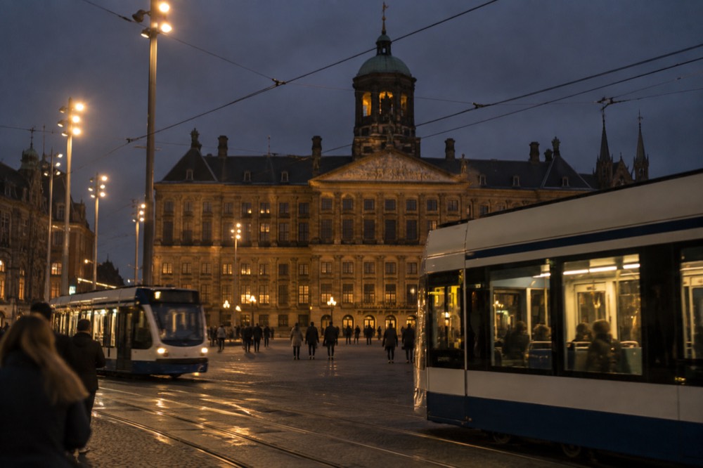 Trams crossing Dam Square in front of the Royal Palace facade