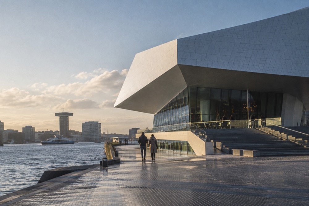 The frontage of Eye Filmmuseum viewed from the opposite bank