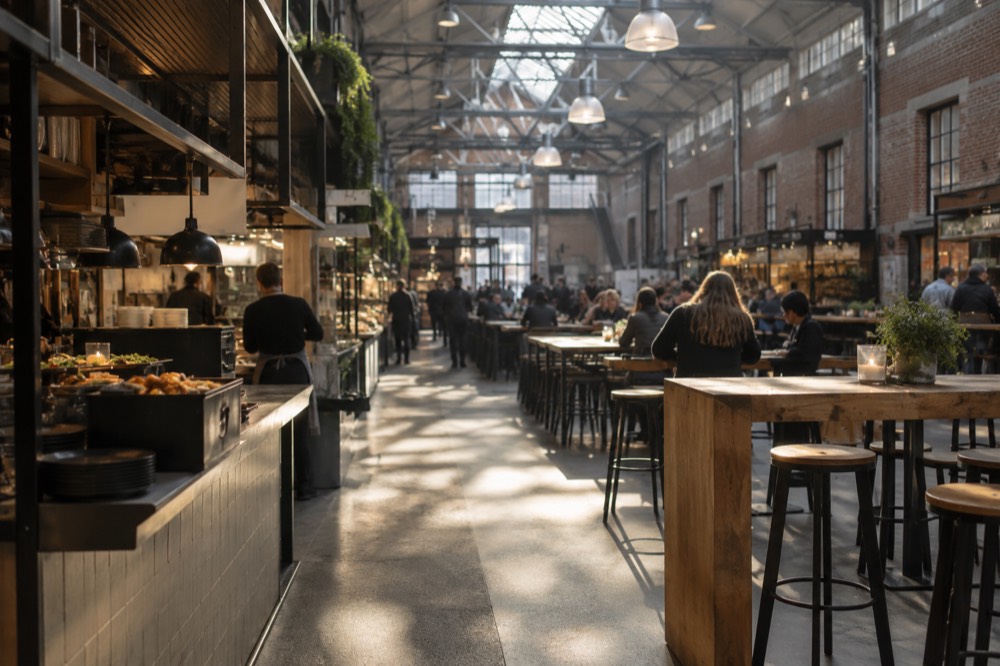 A street-level view of Foodhallen on an ordinary weekday morning