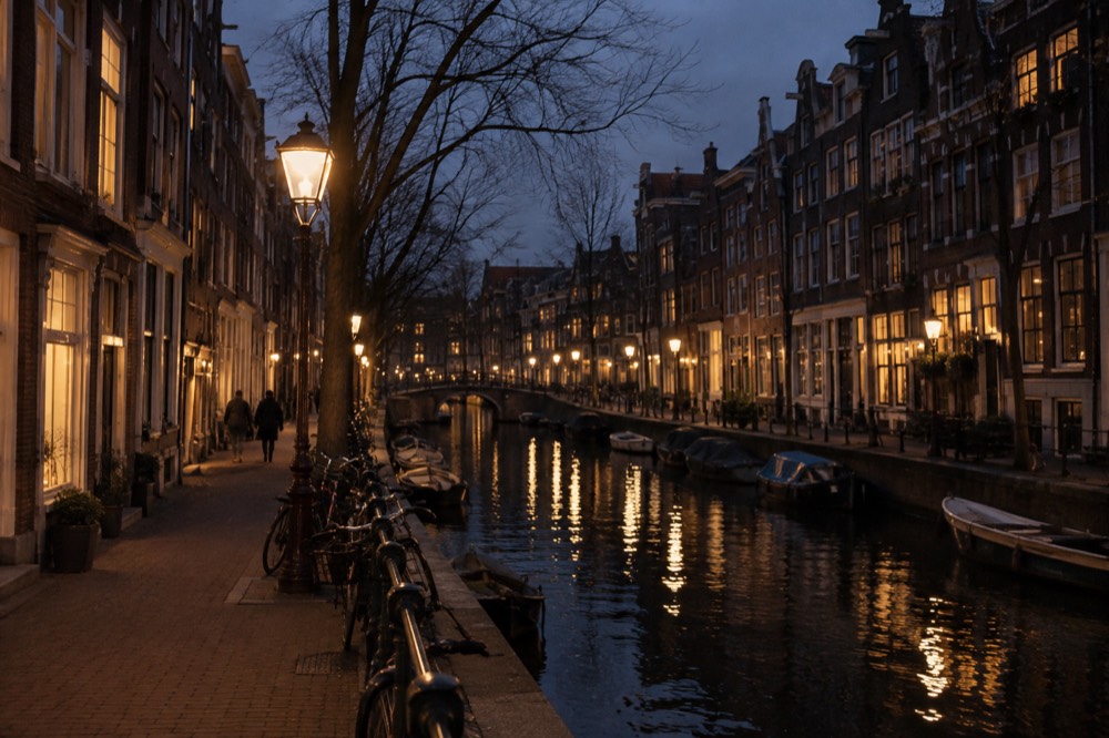 Brick facades and a quiet canal edge beside Dam Square