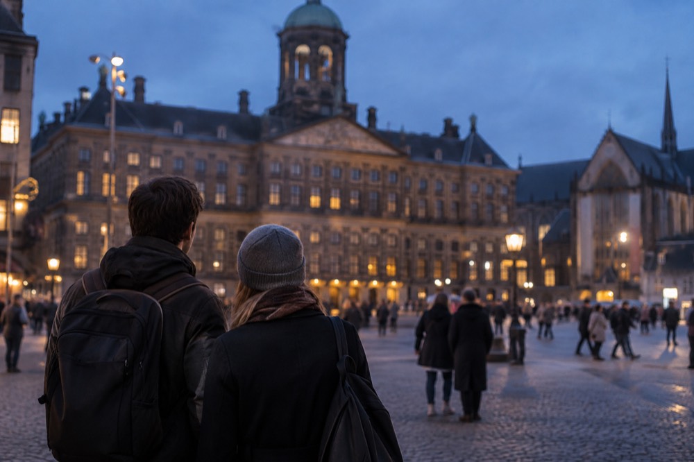People walking past Dam Square, seen from across the street