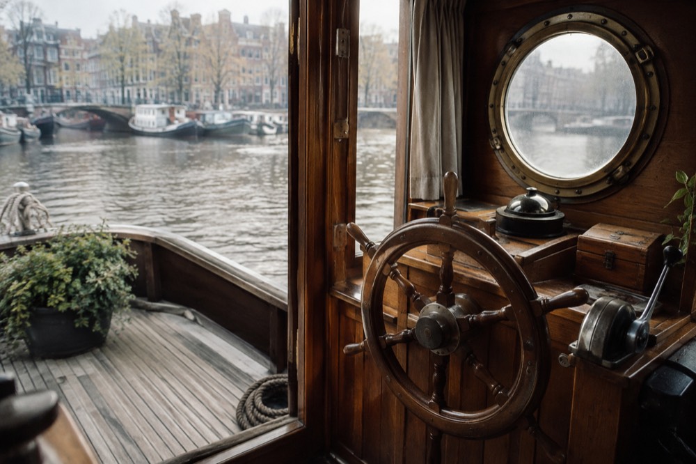 A houseboat steering wheel and wooden cabin interior lit by a porthole