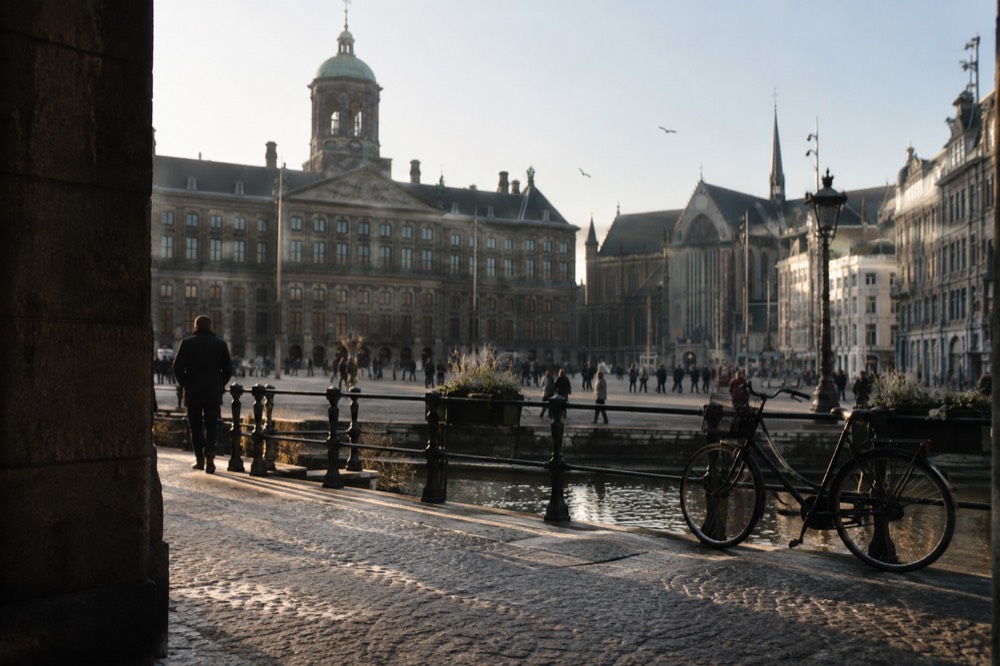 The approach to Dam Square, with bicycles leaning against the railings
