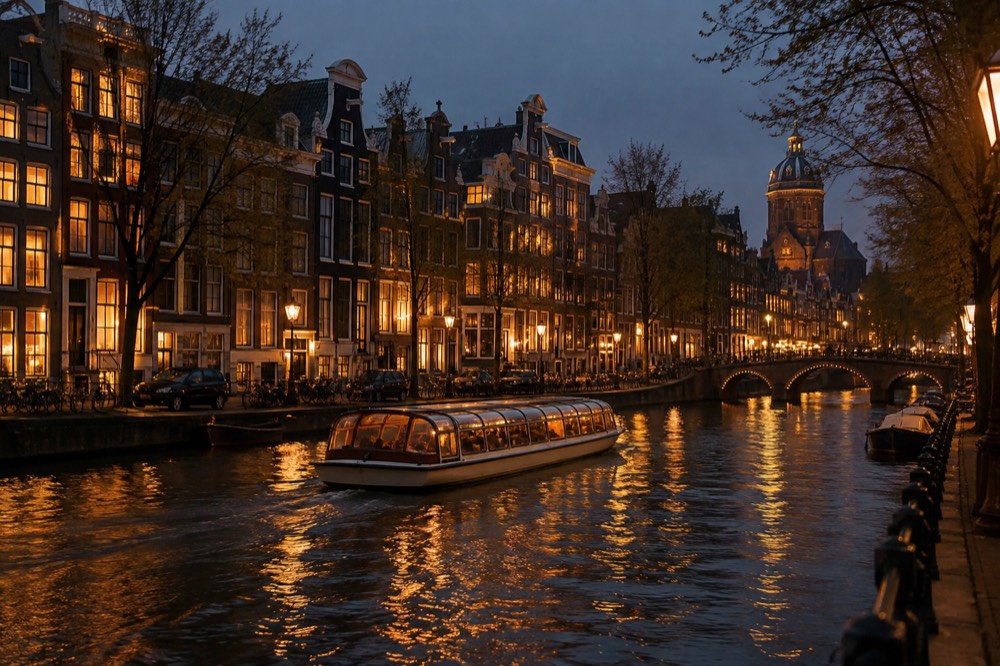 A canal cruise boat passing illuminated Amsterdam canal houses at dusk on calm water