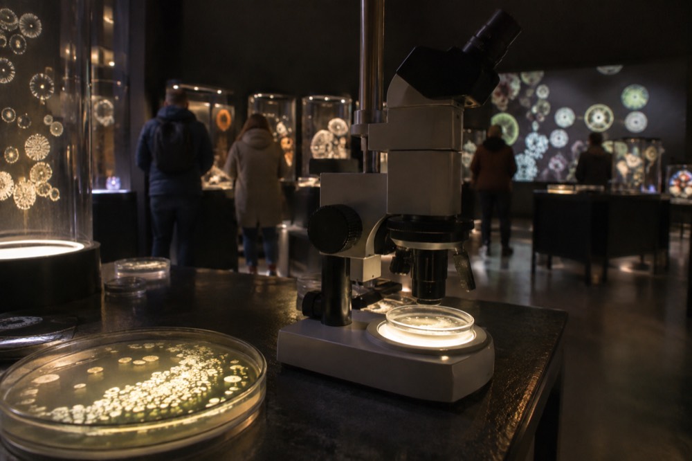 Darkened museum gallery with illuminated microscope stations and glowing bacterial cultures