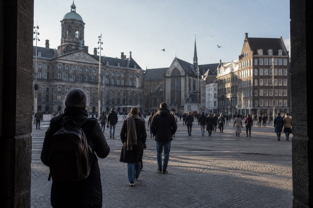 Brick facades and a quiet canal edge beside Dam Square