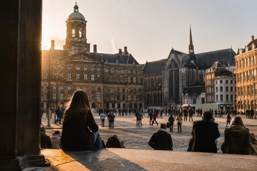 A quiet corner of Dam Square with trees overhanging the water