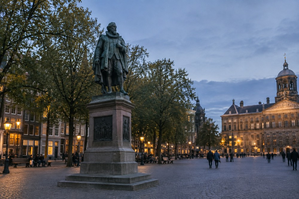 A bronze statue of a bearded man in period dress standing on a stone pedestal in a tree-lined square