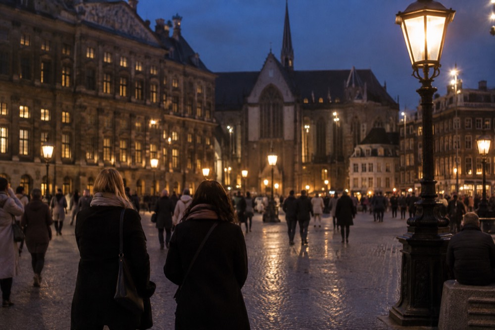 The frontage of Dam Square viewed from the opposite bank