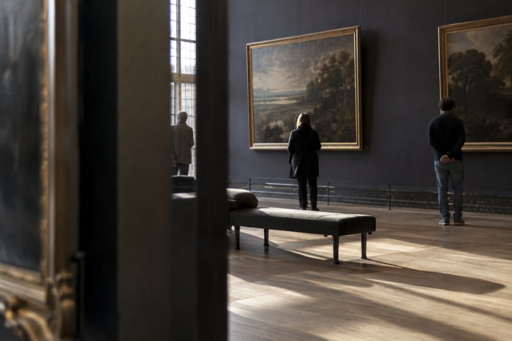 A gallery interior with large oil paintings hung on dark walls under natural light
