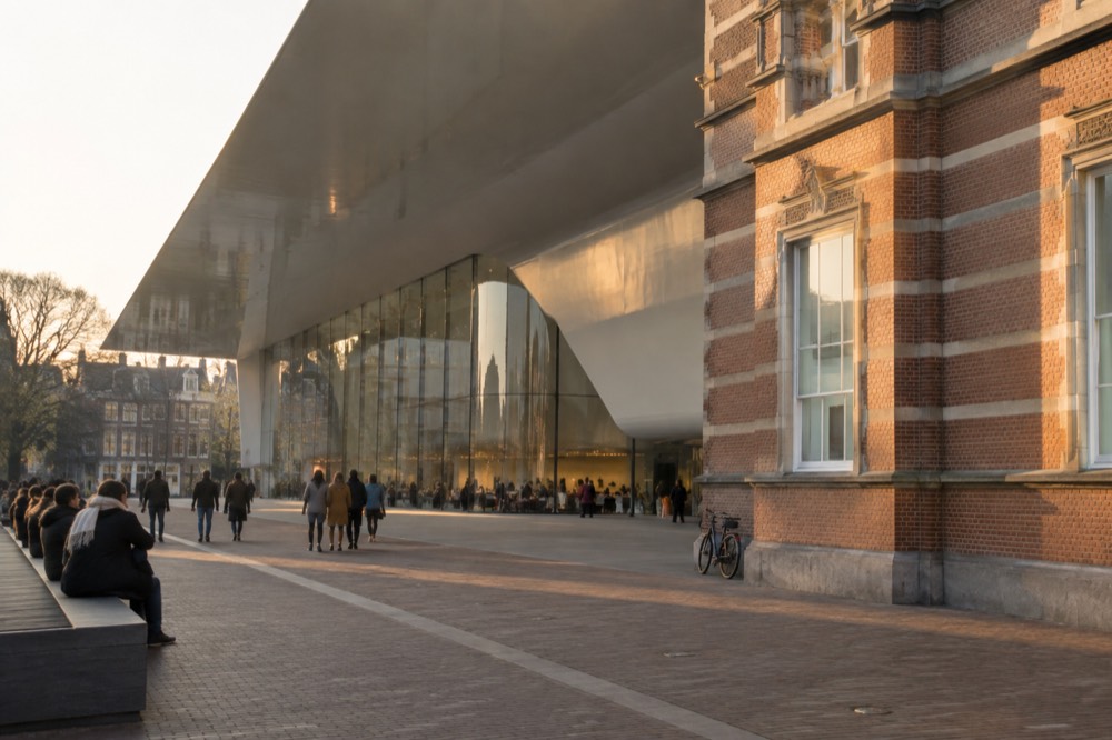 The brick and white entrance building of the Stedelijk Museum beside the Museumplein in Amsterdam