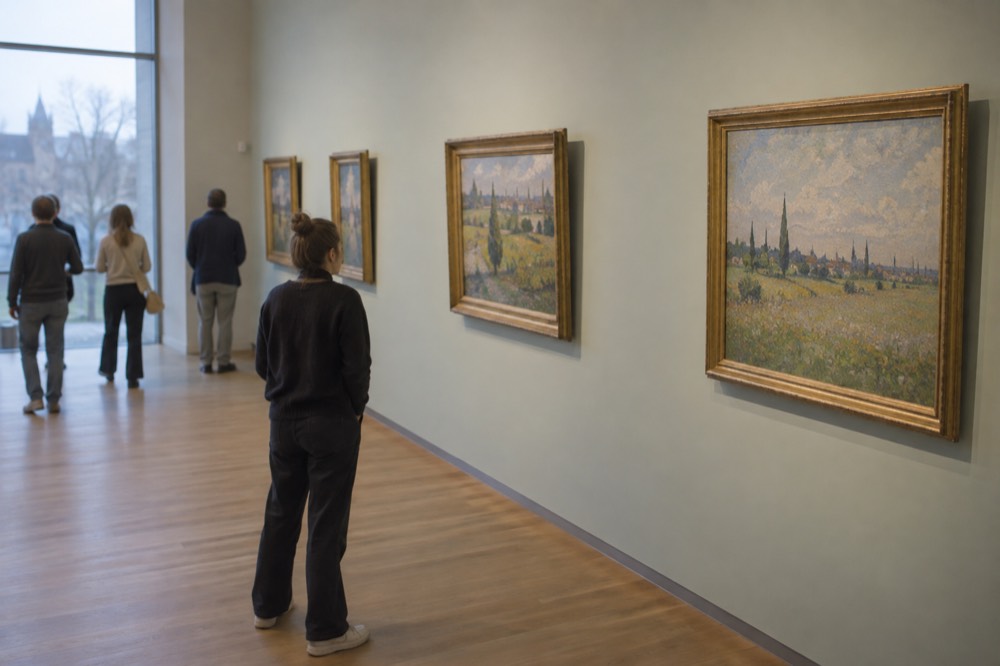 Visitors viewing paintings in a bright gallery of the Van Gogh Museum in Amsterdam