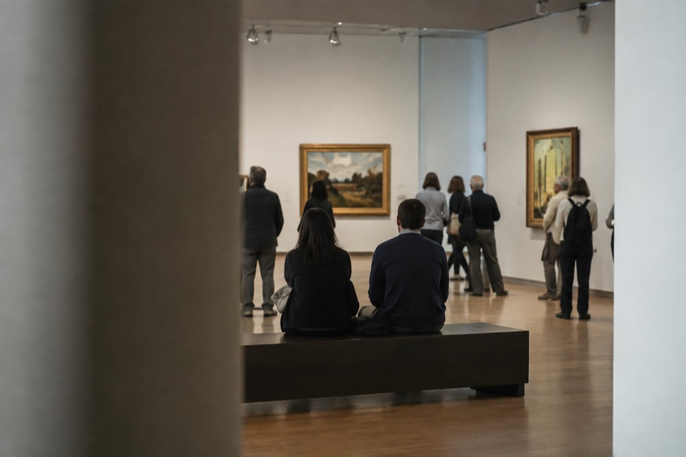 People walking past Van Gogh Museum, seen from across the street