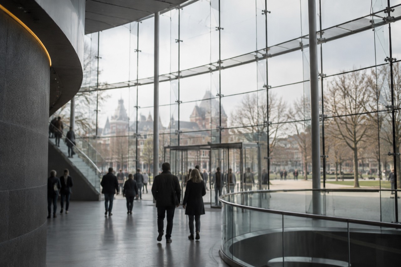 The glass entrance hall of the Van Gogh Museum on Museumplein in Amsterdam