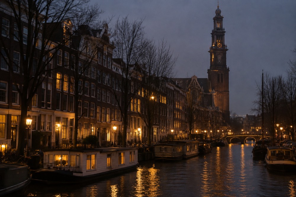 Canal houses and houseboats along the Prinsengracht near the Westerkerk