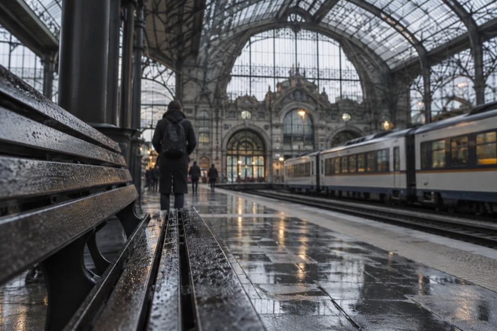 A grand railway station interior with a high glass and iron roof above platforms