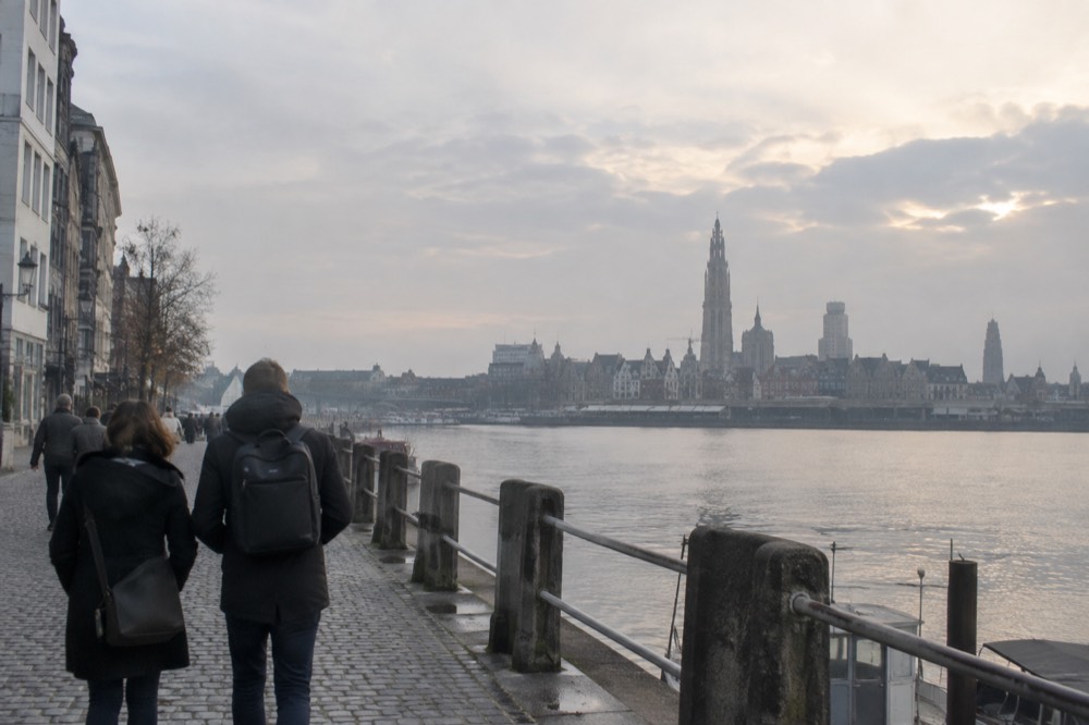 The approach to Antwerp, with bicycles leaning against the railings