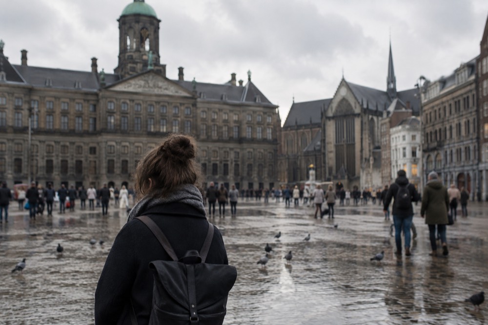 A street-level view of Dam Square on an ordinary weekday morning