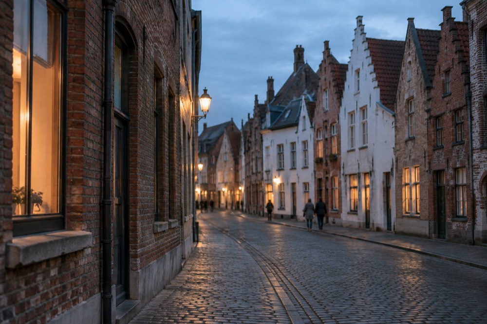 A cobbled street in Bruges lined with stepped gable houses under a soft sky