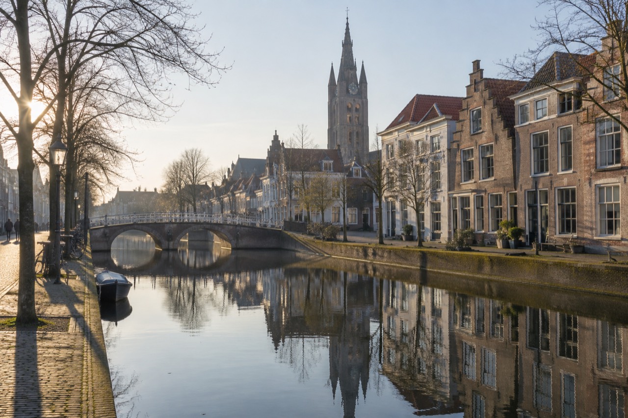 Canal in Delft with historic gabled houses and a stone bridge reflected in still water
