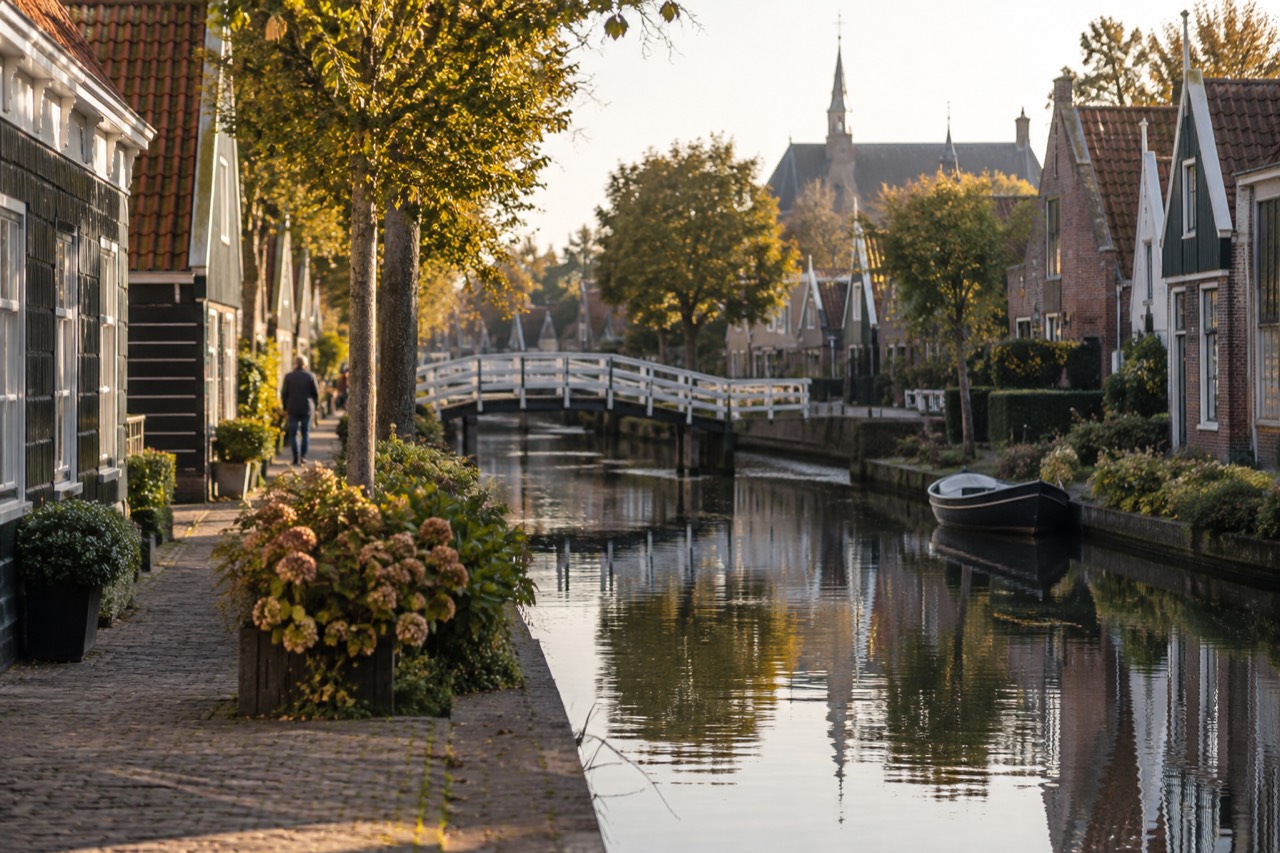 A quiet canal in Edam lined with small gabled houses and wooden bridges