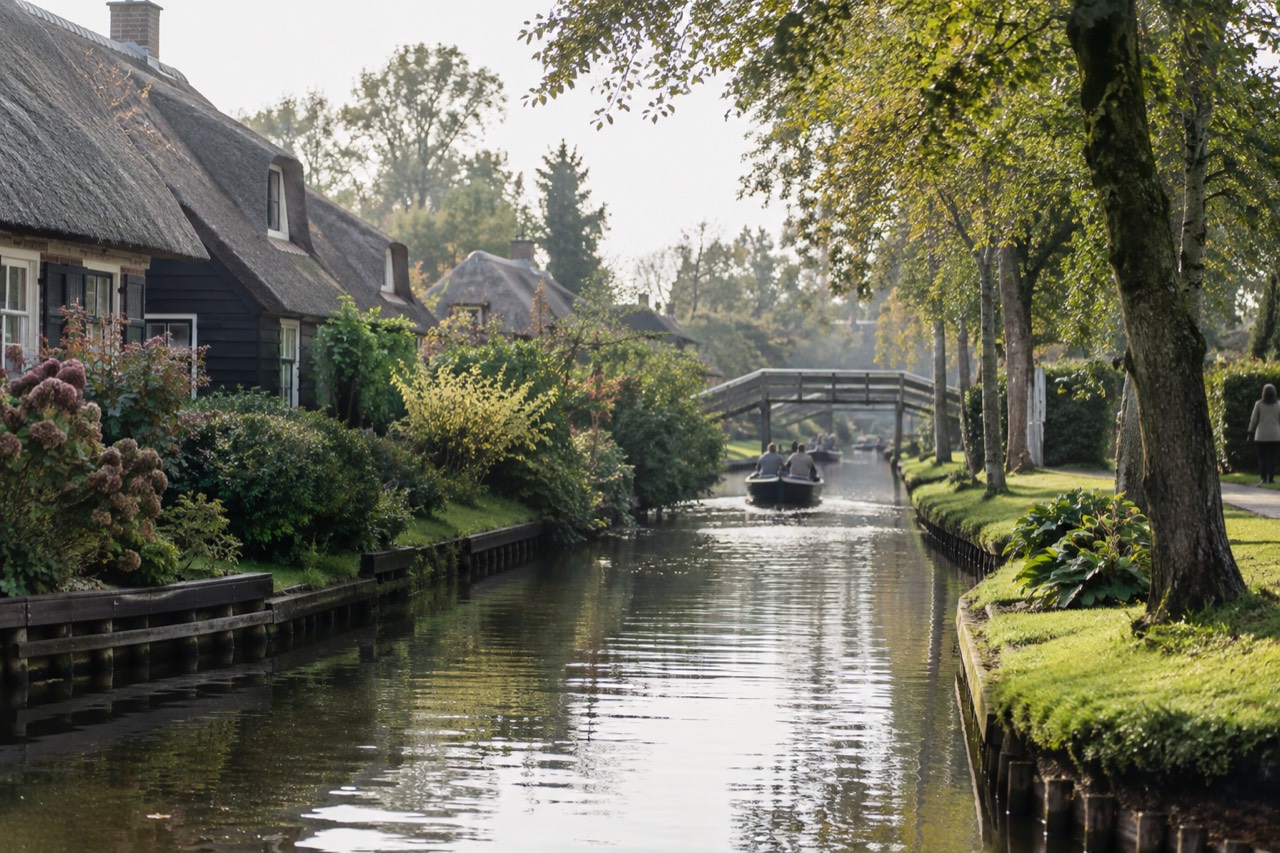 A quiet canal in Giethoorn lined with thatched-roof cottages and small wooden footbridges