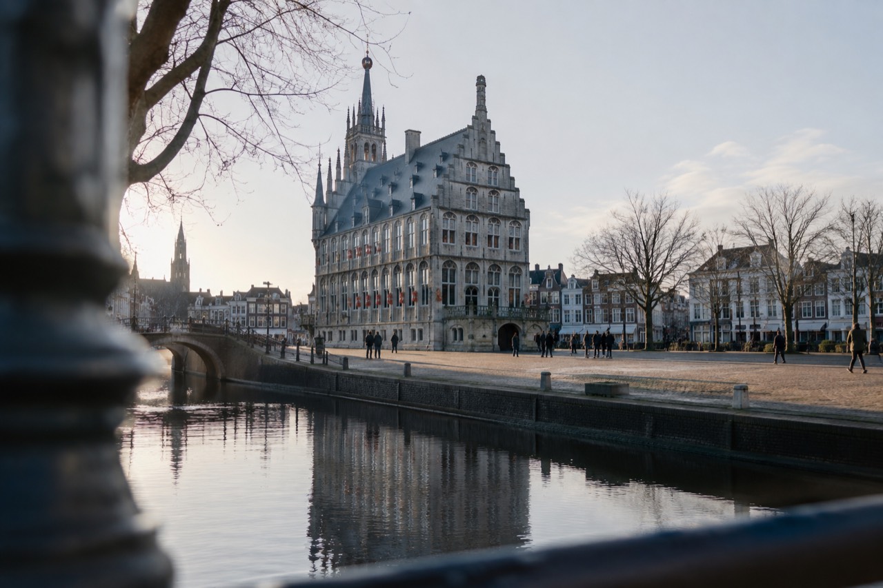 Gouda's medieval town hall standing on the market square beside calm canal water