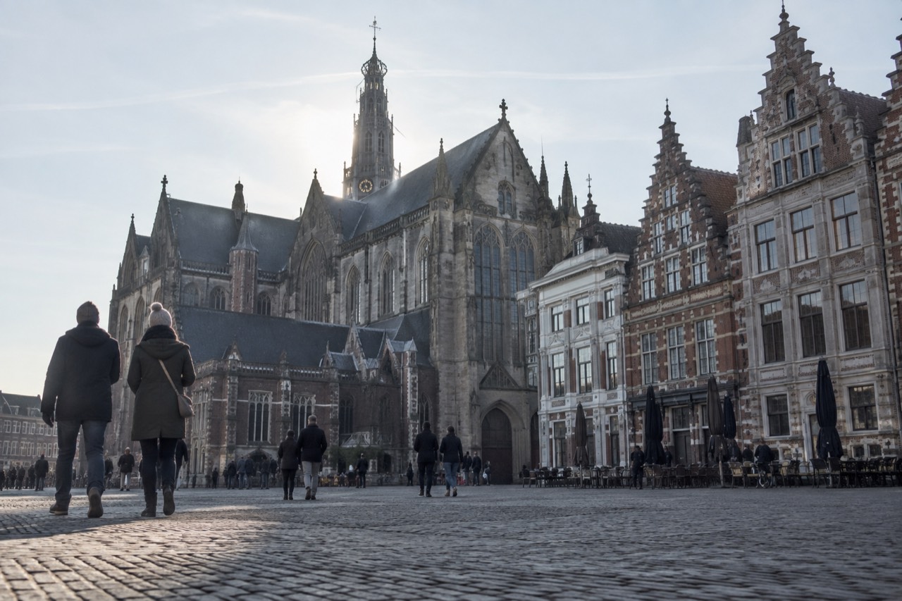 Grote Markt square in Haarlem with the Grote Kerk and historic guild houses