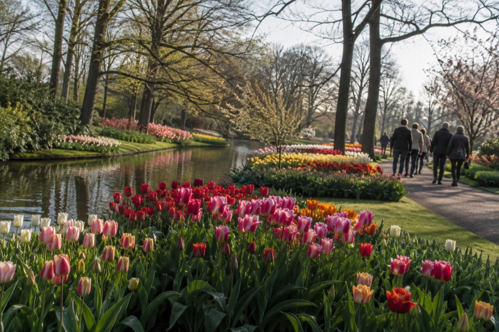 A quiet corner of Keukenhof with trees overhanging the water