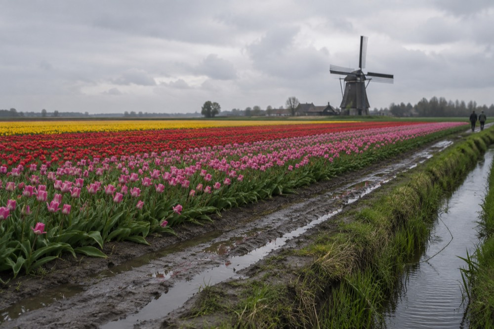 Tulip fields in rows of colour near Leiden with a windmill on the horizon