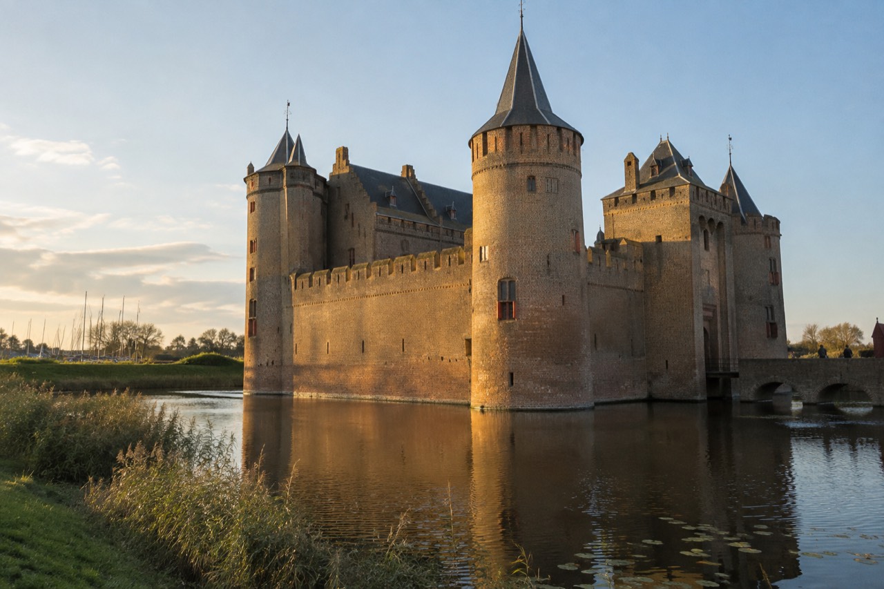 A medieval brick castle with round towers reflected in the water of its moat