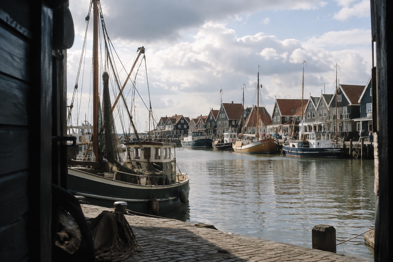 Wooden houses along a harbour waterfront with fishing boats moored at a village quay