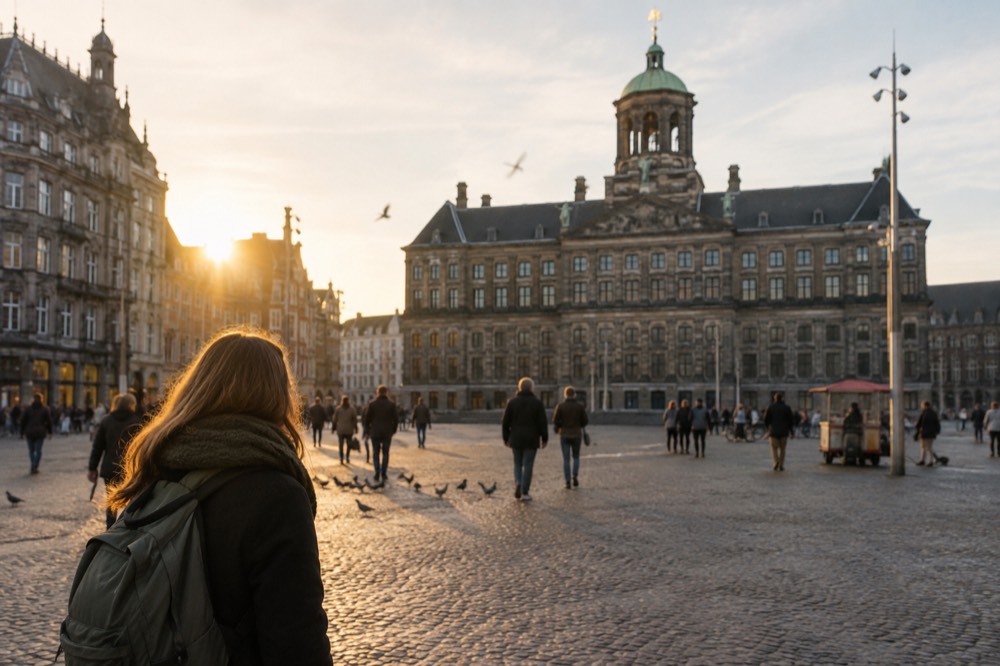 The approach to Dam Square, with bicycles leaning against the railings