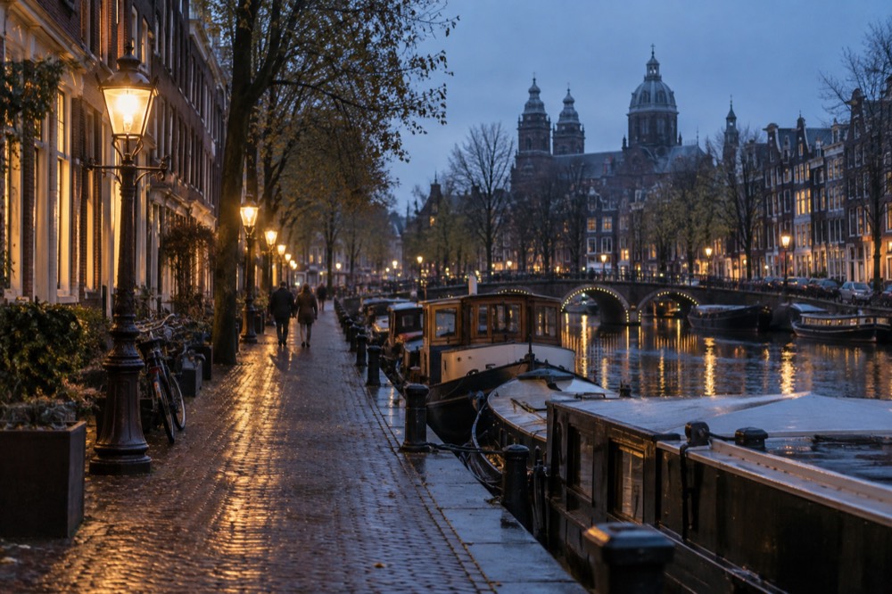 A level canal-side street in Amsterdam with smooth brick paving beside moored boats
