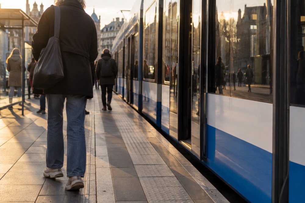 A smooth modern tram stop platform in central Amsterdam with level boarding