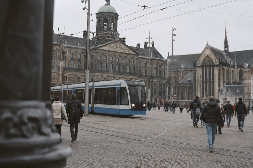 Brick facades and a quiet canal edge beside Dam Square